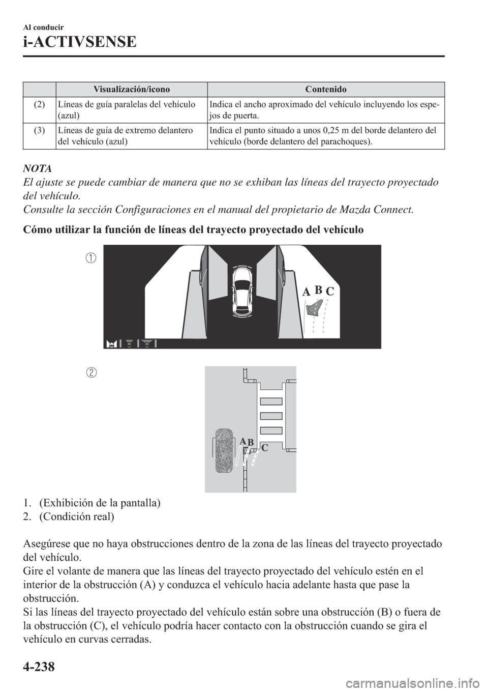MAZDA MODEL 3 HATCHBACK 2019  Manual del propietario (in Spanish) �9�L�V�X�D�O�L�]�D�F�L�y�Q��L�F�R�Q�R �&�R�Q�W�H�Q�L�G�R
��� �/�t�Q�H�D�V��G�H��J�X�t�D��S�D�U�D�O�H�O�D�V��G�H�O��Y�H�K�t�F�X�O�R
��D�]�X�O��,�Q�G�L�F�D��H�O��D�Q�F�K�R��D�S�U�R�[�L�P�D