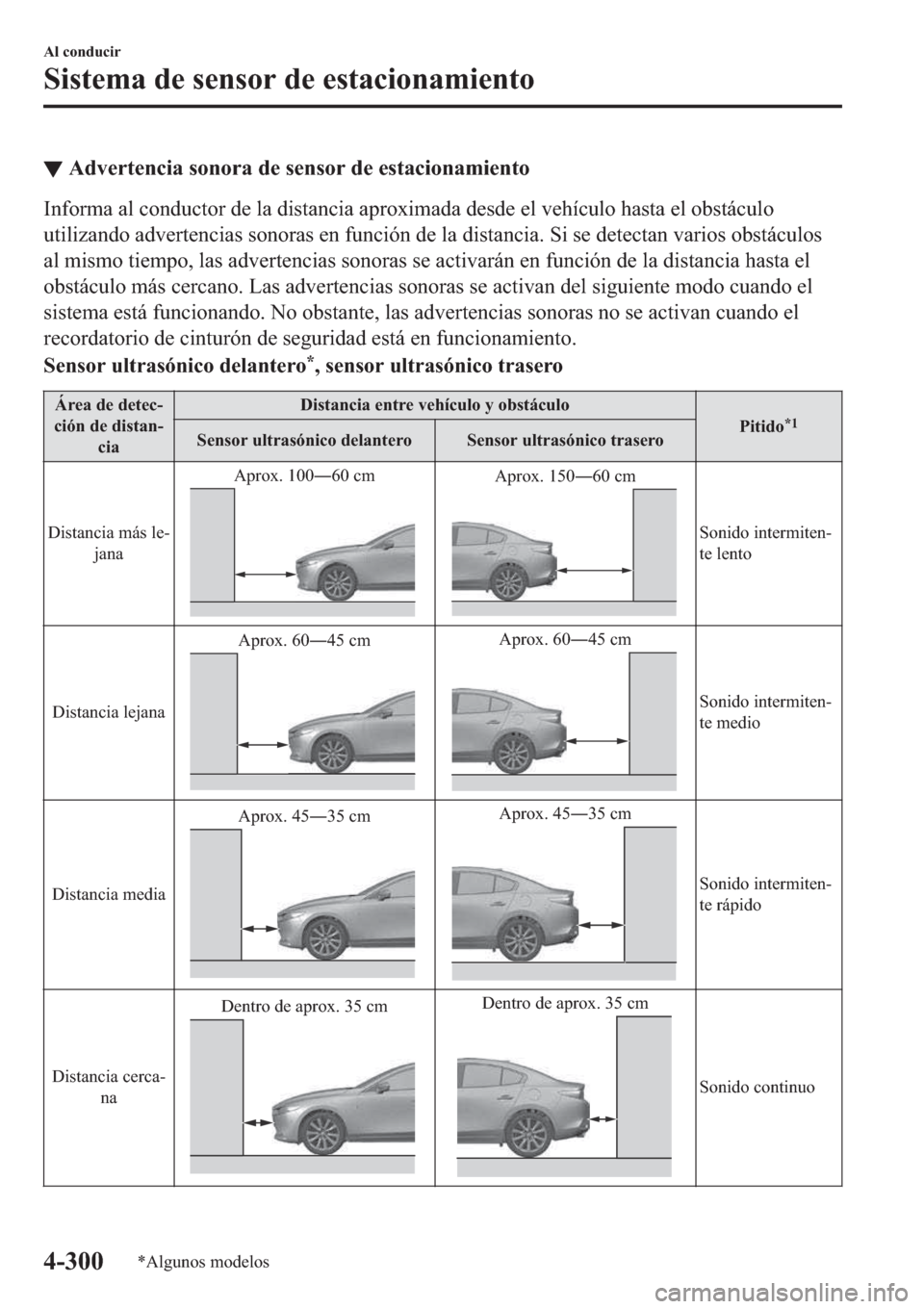 MAZDA MODEL 3 HATCHBACK 2019  Manual del propietario (in Spanish) ▼�$�G�Y�H�U�W�H�Q�F�L�D��V�R�Q�R�U�D��G�H��V�H�Q�V�R�U��G�H��H�V�W�D�F�L�R�Q�D�P�L�H�Q�W�R
�,�Q�I�R�U�P�D��D�O��F�R�Q�G�X�F�W�R�U��G�H��O�D��G�L�V�W�D�Q�F�L�D��D�S�U�R�[�L�P�D�G�D��G�H�V