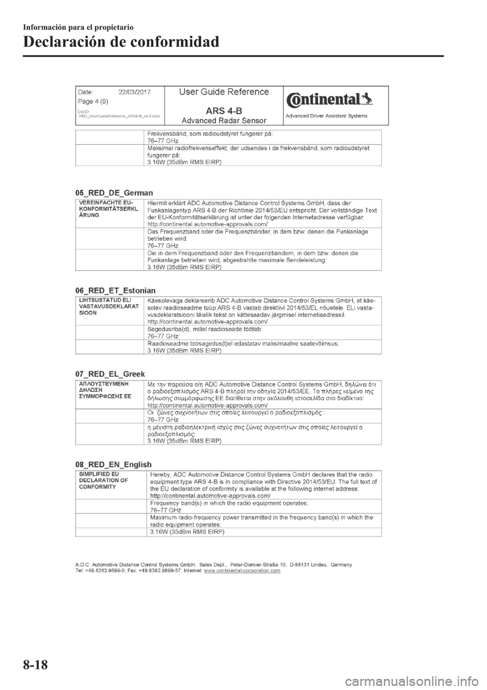 MAZDA MODEL 3 HATCHBACK 2019  Manual del propietario (in Spanish) �,�Q�I�R�U�P�D�F�L�y�Q��S�D�U�D��H�O��S�U�R�S�L�H�W�D�U�L�R
��H�F�O�D�U�D�F�L�y�Q��G�H��F�R�Q�I�R�U�P�L�G�D�G
���� 