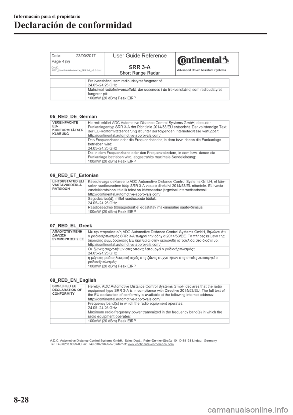 MAZDA MODEL 3 HATCHBACK 2019  Manual del propietario (in Spanish) �,�Q�I�R�U�P�D�F�L�y�Q��S�D�U�D��H�O��S�U�R�S�L�H�W�D�U�L�R
��H�F�O�D�U�D�F�L�y�Q��G�H��F�R�Q�I�R�U�P�L�G�D�G
���� 