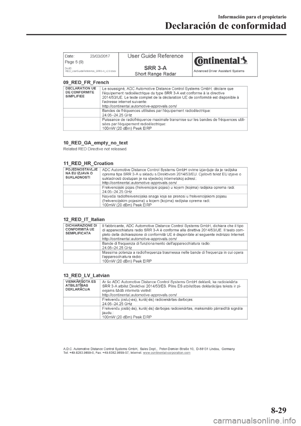 MAZDA MODEL 3 HATCHBACK 2019  Manual del propietario (in Spanish) �,�Q�I�R�U�P�D�F�L�y�Q��S�D�U�D��H�O��S�U�R�S�L�H�W�D�U�L�R
��H�F�O�D�U�D�F�L�y�Q��G�H��F�R�Q�I�R�U�P�L�G�D�G
���� 