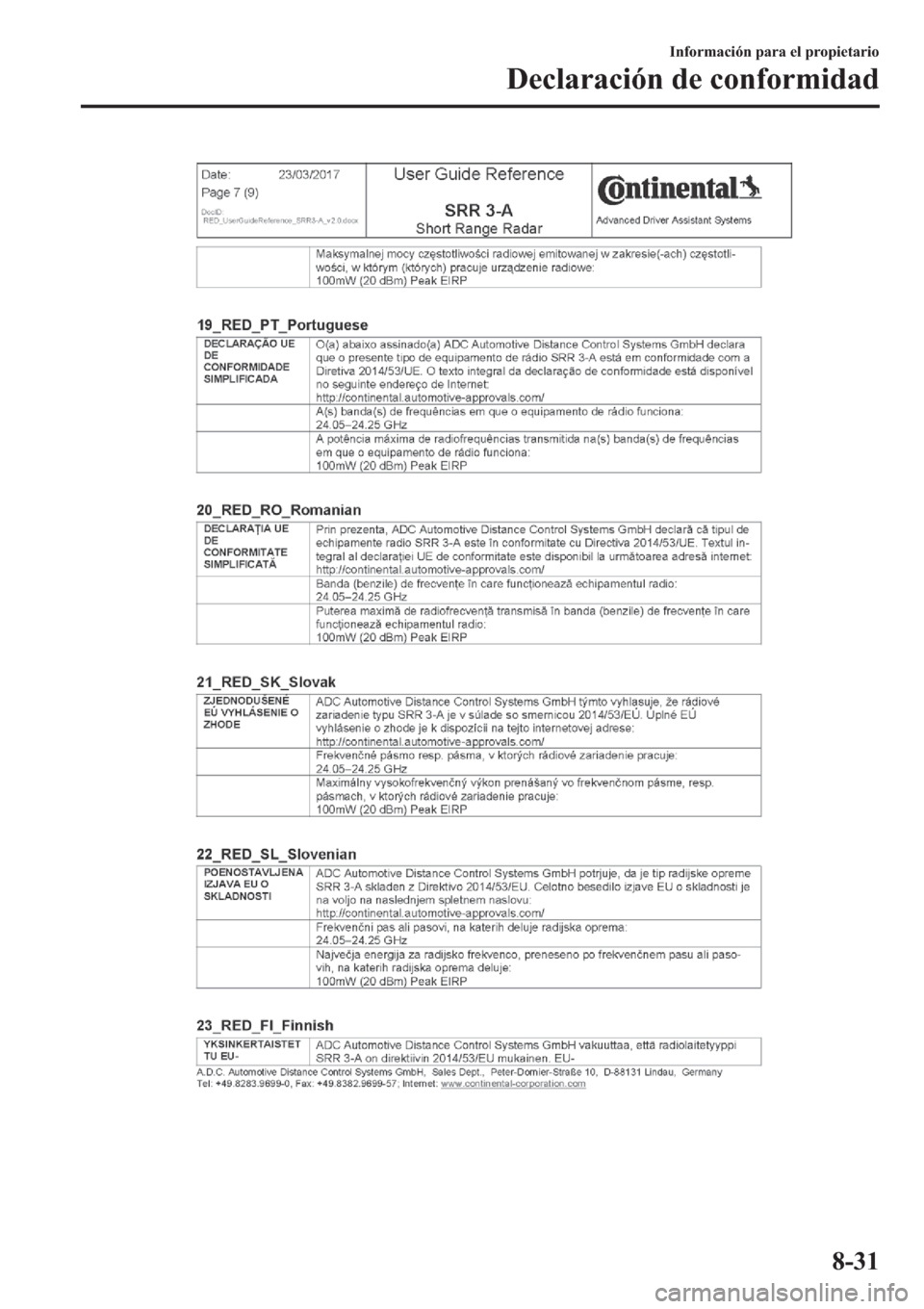 MAZDA MODEL 3 HATCHBACK 2019  Manual del propietario (in Spanish) �,�Q�I�R�U�P�D�F�L�y�Q��S�D�U�D��H�O��S�U�R�S�L�H�W�D�U�L�R
��H�F�O�D�U�D�F�L�y�Q��G�H��F�R�Q�I�R�U�P�L�G�D�G
���� 