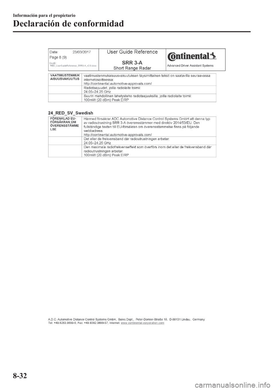 MAZDA MODEL 3 HATCHBACK 2019  Manual del propietario (in Spanish) �,�Q�I�R�U�P�D�F�L�y�Q��S�D�U�D��H�O��S�U�R�S�L�H�W�D�U�L�R
��H�F�O�D�U�D�F�L�y�Q��G�H��F�R�Q�I�R�U�P�L�G�D�G
���� 