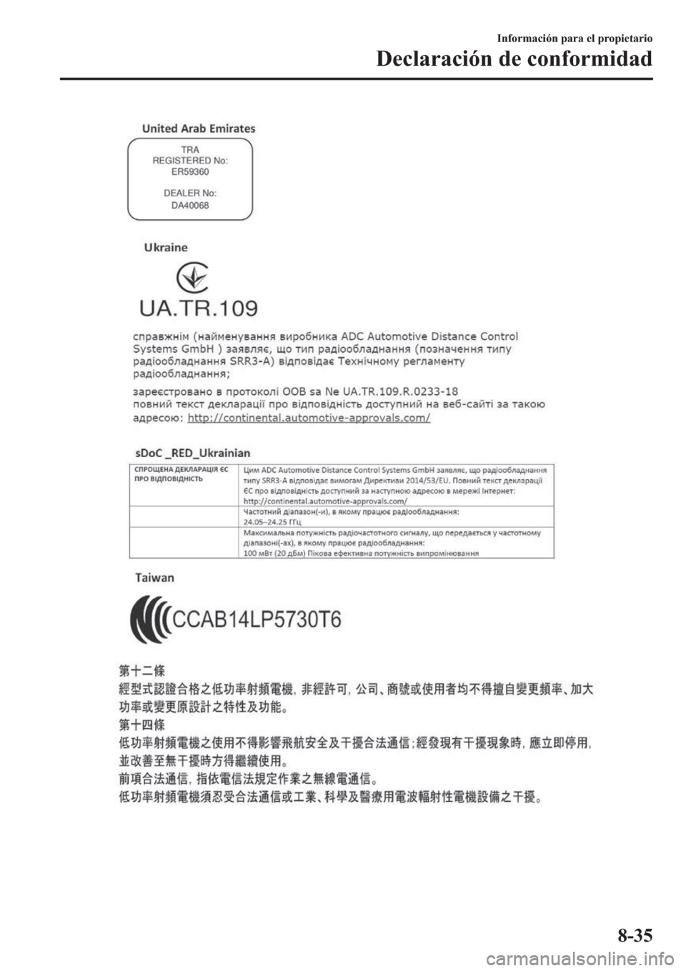 MAZDA MODEL 3 HATCHBACK 2019  Manual del propietario (in Spanish) �,�Q�I�R�U�P�D�F�L�y�Q��S�D�U�D��H�O��S�U�R�S�L�H�W�D�U�L�R
��H�F�O�D�U�D�F�L�y�Q��G�H��F�R�Q�I�R�U�P�L�G�D�G
���� 