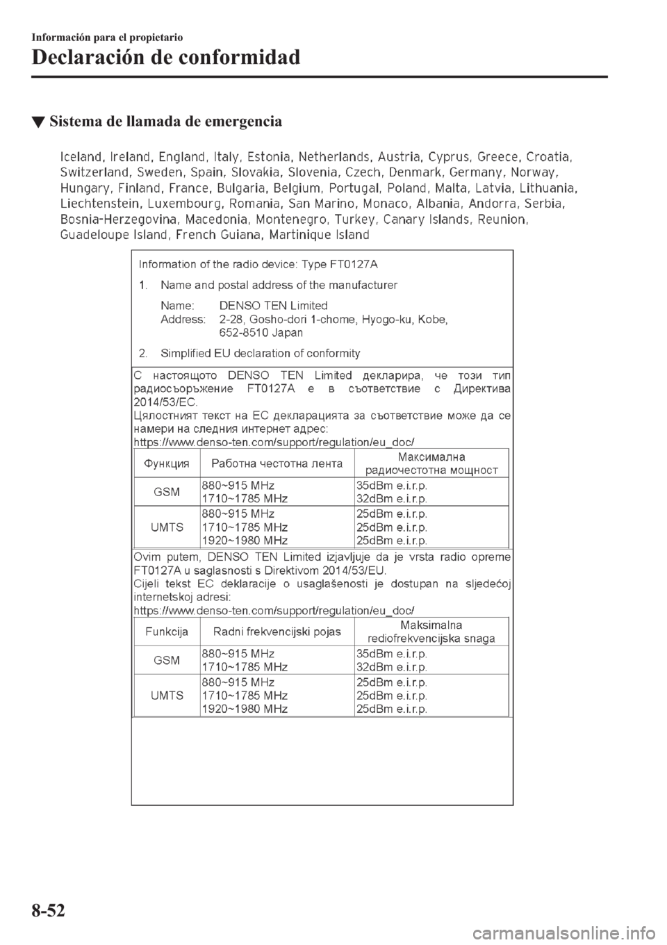 MAZDA MODEL 3 HATCHBACK 2019  Manual del propietario (in Spanish) ▼�6�L�V�W�H�P�D��G�H��O�O�D�P�D�G�D��G�H��H�P�H�U�J�H�Q�F�L�D
�,�Q�I�R�U�P�D�F�L�y�Q��S�D�U�D��H�O��S�U�R�S�L�H�W�D�U�L�R
��H�F�O�D�U�D�F�L�y�Q��G�H��F�R�Q�I�R�U�P�L�G�D�G
���� 
