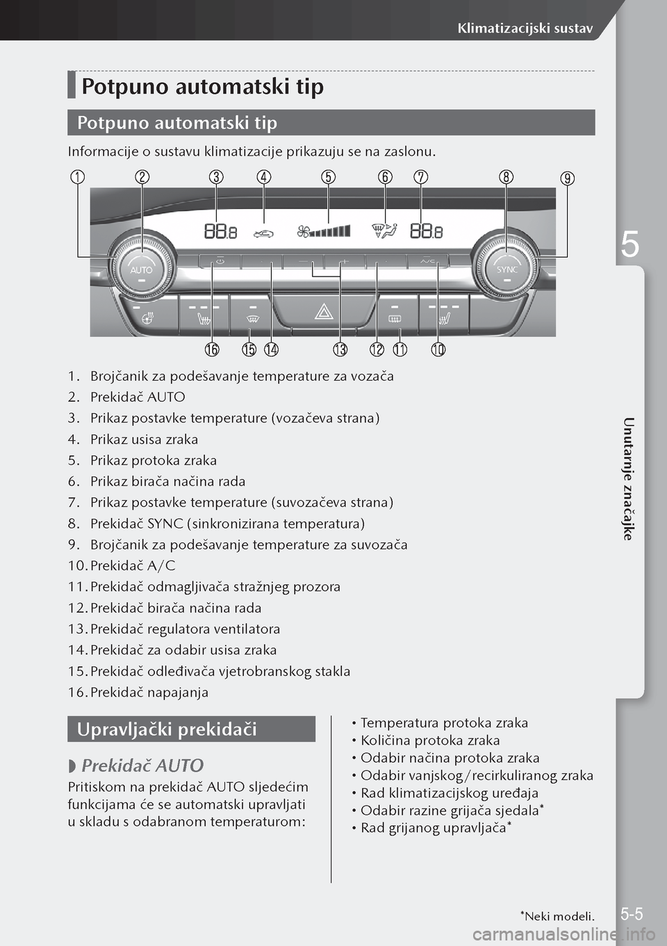 MAZDA MODEL 3 HATCHBACK 2019 Upute za uporabu (in Crotian) Potpuno automatski tip
Potpuno automatski tip
Informacije o sustavu klimatizacije prikazuju se na zaslonu.
1. Brojčanik za podešavanje temperature za vozača
2. Prekidač AUTO
3. Prikaz postavke t MAZDA MODEL 3 HATCHBACK 2019 Upute za uporabu (in Crotian) Potpuno automatski tip
Potpuno automatski tip
Informacije o sustavu klimatizacije prikazuju se na zaslonu.
1. Brojčanik za podešavanje temperature za vozača
2. Prekidač AUTO
3. Prikaz postavke t