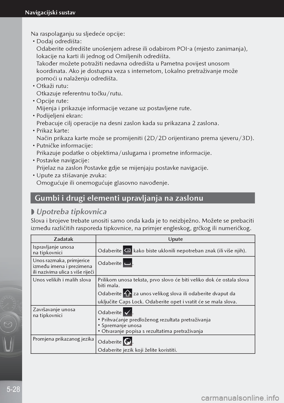 MAZDA MODEL 3 HATCHBACK 2019 Upute za uporabu (in Crotian) Na raspolaganju su sljedeće opcije: Dodaj odredišta:Odaberite odredište unošenjem adrese ili odabirom POI-a (mjesto zanimanja),
lokacije na karti ili jednog od Omiljenih odredišta.
Također m MAZDA MODEL 3 HATCHBACK 2019 Upute za uporabu (in Crotian) Na raspolaganju su sljedeće opcije: Dodaj odredišta:Odaberite odredište unošenjem adrese ili odabirom POI-a (mjesto zanimanja),
lokacije na karti ili jednog od Omiljenih odredišta.
Također m