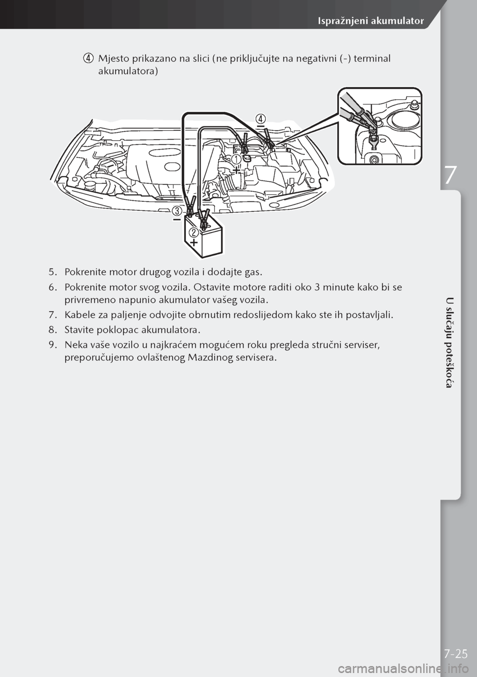 MAZDA MODEL 3 HATCHBACK 2019 Upute za uporabu (in Crotian) Mjesto prikazano na slici (ne priključujte na negativni (-) terminal
akumulatora)
5.
Pokrenite motor drugog vozila i dodajte gas.
6. Pokrenite motor svog vozila. Ostavite motore raditi oko 3 mi MAZDA MODEL 3 HATCHBACK 2019 Upute za uporabu (in Crotian) Mjesto prikazano na slici (ne priključujte na negativni (-) terminal
akumulatora)
5.
Pokrenite motor drugog vozila i dodajte gas.
6. Pokrenite motor svog vozila. Ostavite motore raditi oko 3 mi