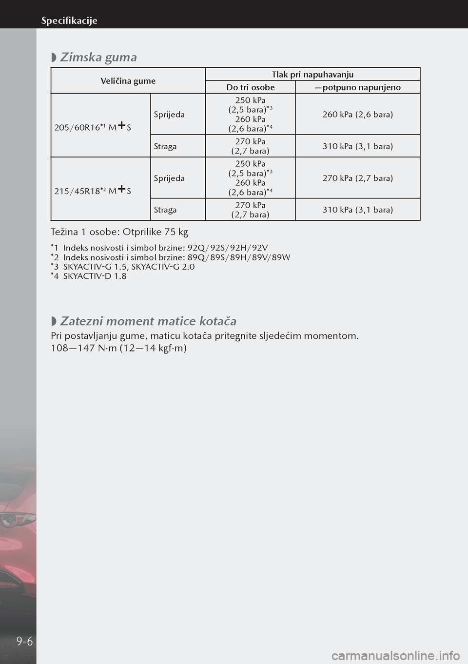 MAZDA MODEL 3 HATCHBACK 2019  Upute za uporabu (in Crotian)  
 Zimska guma
Veličina gume Tlak pri napuhavanju
Do tri osobe —potpuno napunjeno
205/60R16*
1 MS Sprijeda 250 kPa 
 (2,5 bara)*3
260 kPa  (2,6 bara)*4
260 kPa (2,6 bara)
Straga 270 kPa
 (2,7 b