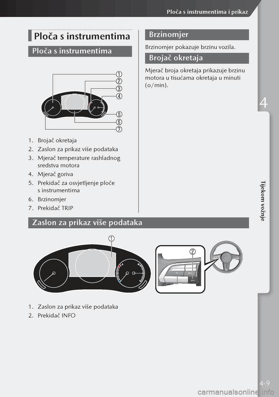 MAZDA MODEL 3 HATCHBACK 2019  Upute za uporabu (in Crotian) Ploča s instrumentima
Ploča s instrumentima
1. Brojač okretaja
2.  Zaslon za prikaz više podataka
3.  Mjerač temperature rashladnog 
sredstva motora
4.  Mjerač goriva
5.  Prekidač za osvjetljen