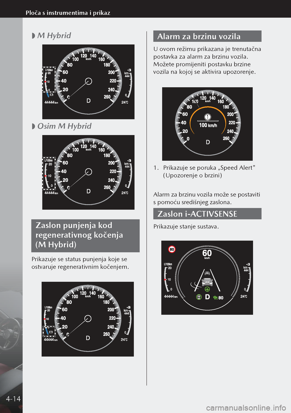 MAZDA MODEL 3 HATCHBACK 2019 Upute za uporabu (in Crotian)
M Hybrid
Osim M Hybrid
Zaslon punjenja kod
regenerativnog kočenja
(M Hybrid)
Prikazuje se status punjenja koje se
ostvaruje regenerativnim kočenjem.
Alarm za brzinu vozila
U ovom reži MAZDA MODEL 3 HATCHBACK 2019 Upute za uporabu (in Crotian)
M Hybrid
Osim M Hybrid
Zaslon punjenja kod
regenerativnog kočenja
(M Hybrid)
Prikazuje se status punjenja koje se
ostvaruje regenerativnim kočenjem.
Alarm za brzinu vozila
U ovom reži