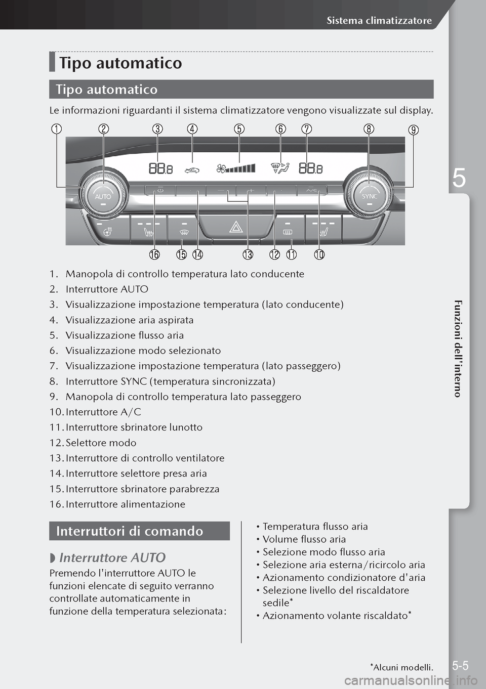 MAZDA MODEL 3 HATCHBACK 2019 Manuale del proprietario (in Italian) Tipo automatico
Tipo automatico
Le informazioni riguardanti il sistema climatizzatore vengono visualizzate sul display.
1. Manopola di controllo temperatura lato conducente
2. Interruttore AUTO
3. V MAZDA MODEL 3 HATCHBACK 2019 Manuale del proprietario (in Italian) Tipo automatico
Tipo automatico
Le informazioni riguardanti il sistema climatizzatore vengono visualizzate sul display.
1. Manopola di controllo temperatura lato conducente
2. Interruttore AUTO
3. V