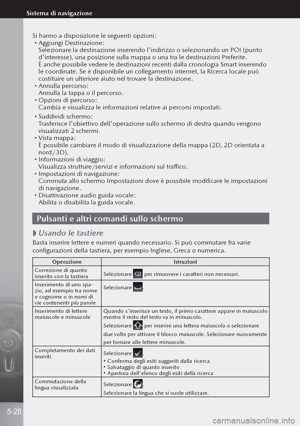 MAZDA MODEL 3 HATCHBACK 2019 Manuale del proprietario (in Italian) Si hanno a disposizione le seguenti opzioni: Aggiungi Destinazione:Selezionare la destinazione inserendo lindirizzo o selezionando un POI (punto
dinteresse), una posizione sulla mappa o una tra MAZDA MODEL 3 HATCHBACK 2019 Manuale del proprietario (in Italian) Si hanno a disposizione le seguenti opzioni: Aggiungi Destinazione:Selezionare la destinazione inserendo lindirizzo o selezionando un POI (punto
dinteresse), una posizione sulla mappa o una tra
