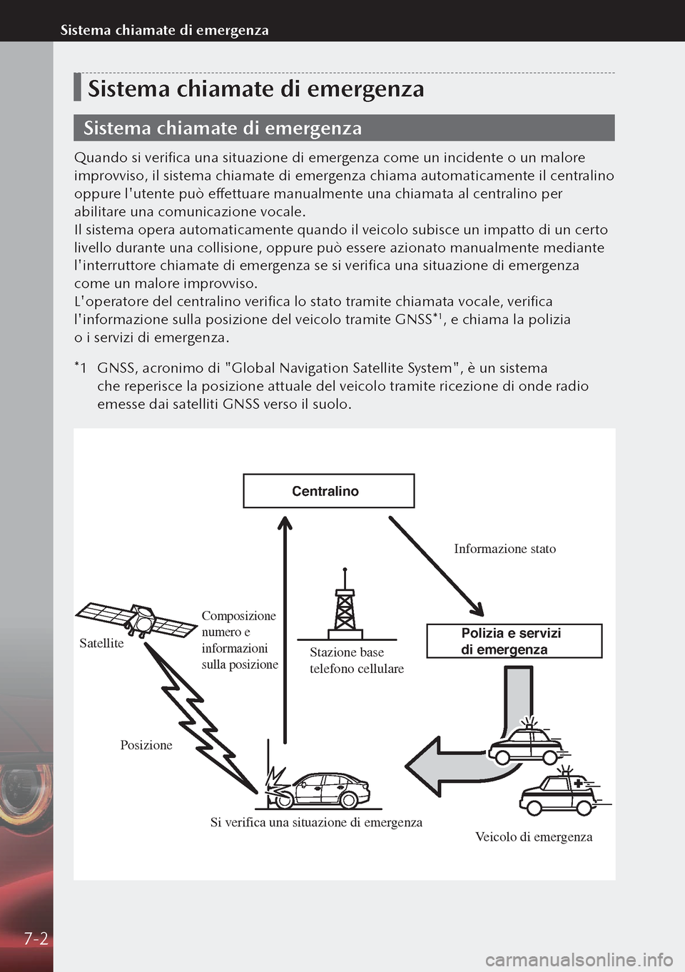 MAZDA MODEL 3 HATCHBACK 2019 Manuale del proprietario (in Italian) Sistema chiamate di emergenza
Sistema chiamate di emergenza
Quando si verifica una situazione di emergenza come un incidente o un malore
improvviso, il sistema chiamate di emergenza chiama automatica MAZDA MODEL 3 HATCHBACK 2019 Manuale del proprietario (in Italian) Sistema chiamate di emergenza
Sistema chiamate di emergenza
Quando si verifica una situazione di emergenza come un incidente o un malore
improvviso, il sistema chiamate di emergenza chiama automatica