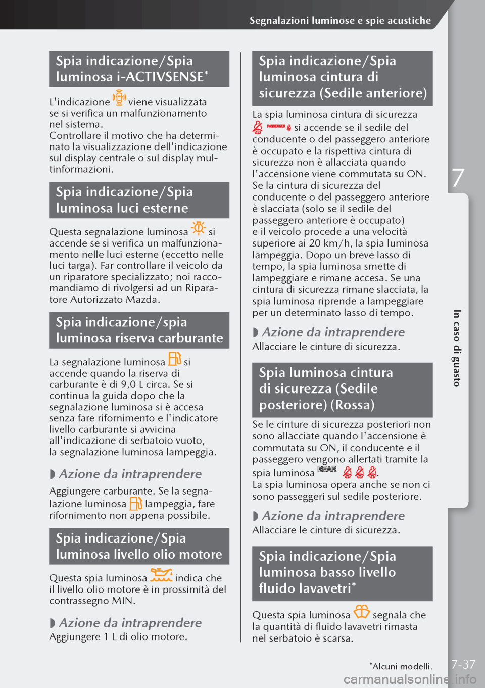 MAZDA MODEL 3 HATCHBACK 2019 Manuale del proprietario (in Italian) Spia indicazione/Spia
luminosa i-ACTIVSENSE*
Lindicazione viene visualizzata
se si verifica un malfunzionamento
nel sistema.
Controllare il motivo che ha determi-
nato la visualizzazione dell MAZDA MODEL 3 HATCHBACK 2019 Manuale del proprietario (in Italian) Spia indicazione/Spia
luminosa i-ACTIVSENSE*
Lindicazione viene visualizzata
se si verifica un malfunzionamento
nel sistema.
Controllare il motivo che ha determi-
nato la visualizzazione dell