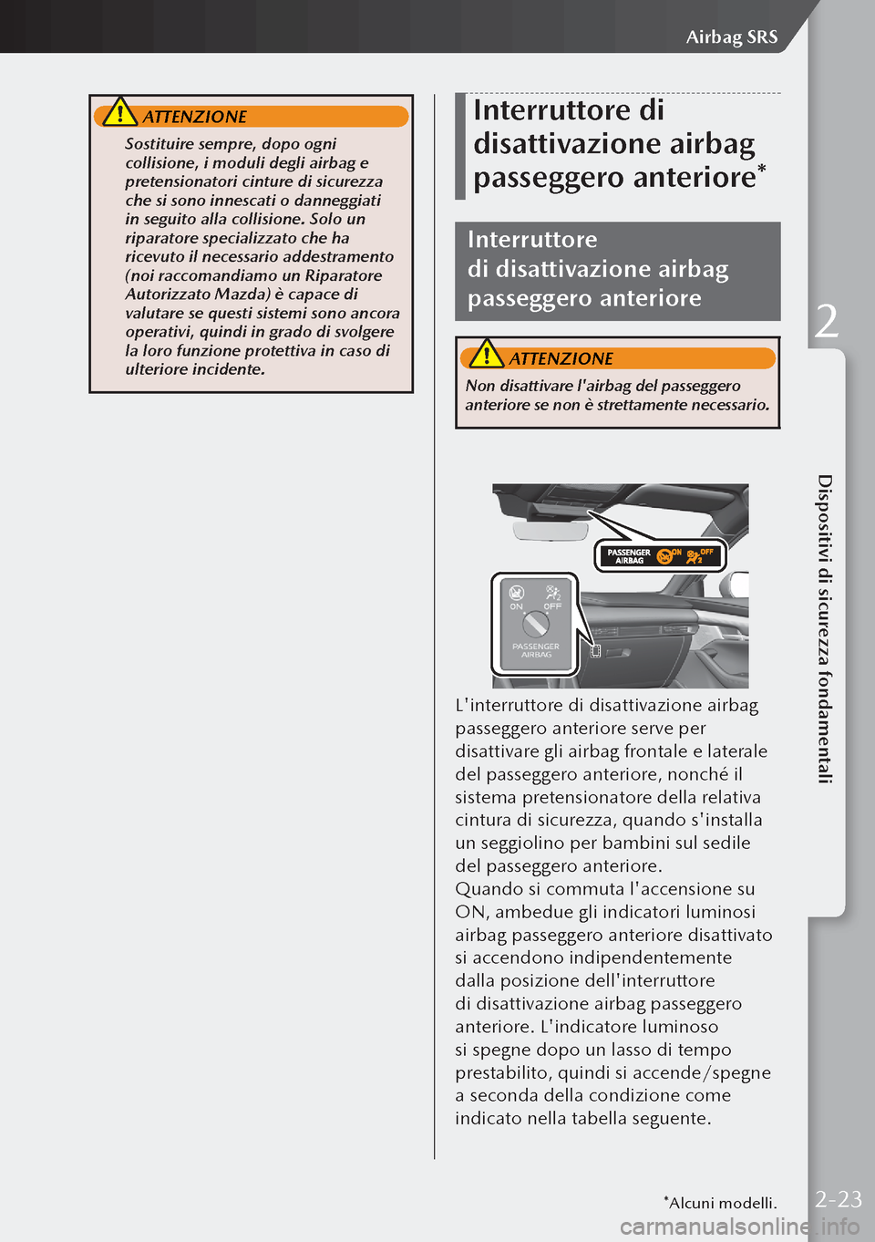 MAZDA MODEL 3 HATCHBACK 2019  Manuale del proprietario (in Italian)  ATTENZIONE
 Sostituire sempre, dopo ogni 
collisione, i moduli degli airbag e 
pretensionatori cinture di sicurezza 
che si sono innescati o danneggiati 
in seguito alla collisione. Solo un 
riparato
