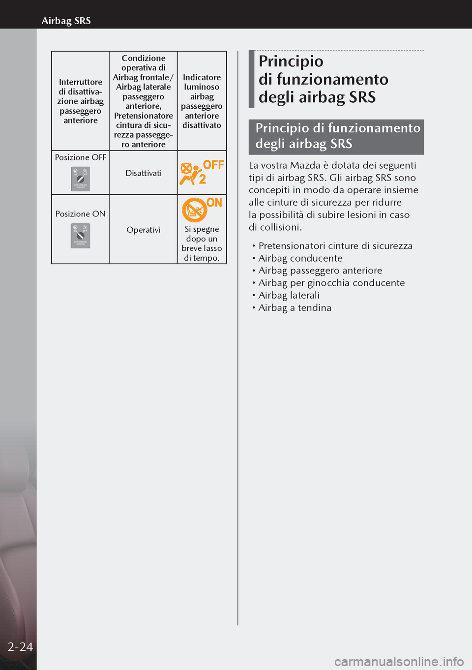 MAZDA MODEL 3 HATCHBACK 2019  Manuale del proprietario (in Italian) Interruttore 
di disattiva-zione airbag  passeggero  anteriore Condizione 
operativa di 
Airbag frontale/ Airbag laterale  passeggero anteriore, 
Pretensionatore  cintura di sicu
-rezza passegge-ro an