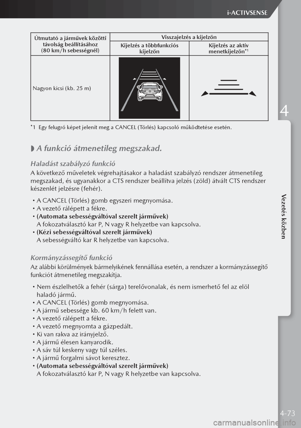 MAZDA MODEL 3 HATCHBACK 2019  Kezelési útmutató (in Hungarian) Útmutató a járművek közötti távolság beállításához
(80 km/h sebességnél) Visszajelzés a kijelzőn
Kijelzés a többfunkciós  kijelzőn Kijelzés az aktív 
menetkijelzőn*
1
Nagyon ki