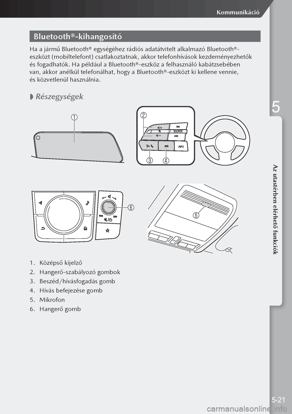 MAZDA MODEL 3 HATCHBACK 2019 Kezelési útmutató (in Hungarian) Bluetooth®-kihangosító
Ha a jármű Bluetooth® egységéhez rádiós adatátvitelt alkalmazó Bluetooth®-
eszközt (mobiltelefont) csatlakoztatnak, akkor telefonhívások kezdeményezhetők
és MAZDA MODEL 3 HATCHBACK 2019 Kezelési útmutató (in Hungarian) Bluetooth®-kihangosító
Ha a jármű Bluetooth® egységéhez rádiós adatátvitelt alkalmazó Bluetooth®-
eszközt (mobiltelefont) csatlakoztatnak, akkor telefonhívások kezdeményezhetők
és