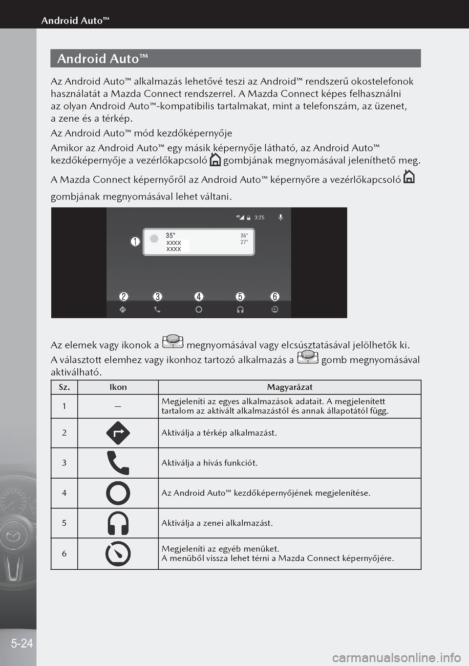 MAZDA MODEL 3 HATCHBACK 2019  Kezelési útmutató (in Hungarian) Android Auto™
Az Android Auto™ alkalmazás lehetővé teszi az Android™ rendszerű okostelefonok 
használatát a Mazda Connect rendszerrel. A Mazda Connect képes felhasználni 
az olyan Andro