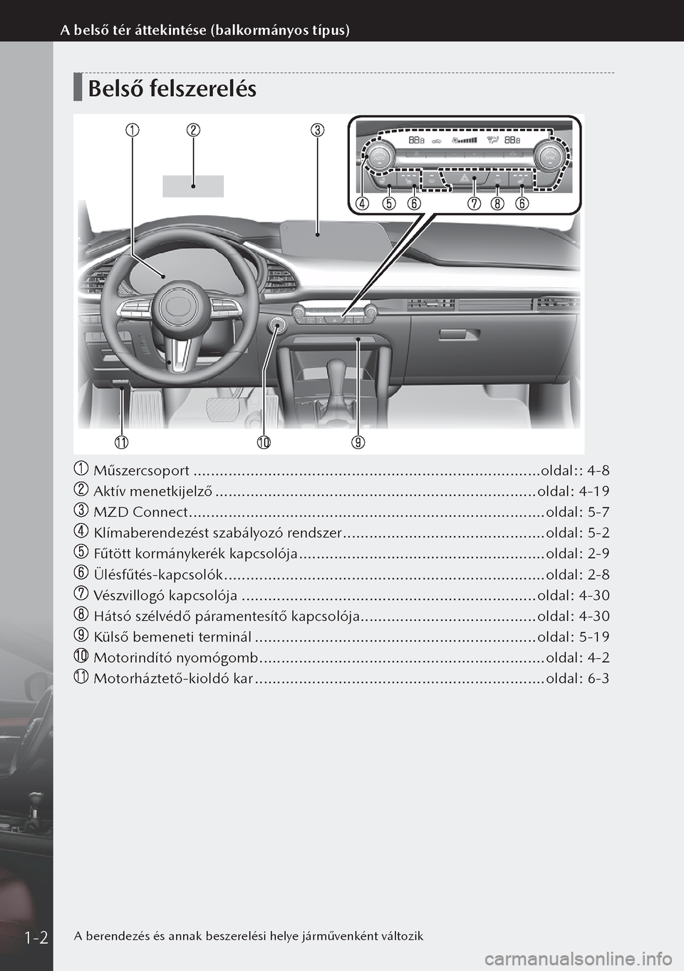 MAZDA MODEL 3 HATCHBACK 2019  Kezelési útmutató (in Hungarian) Belső felszerelés
 Műszercsoport ........................................................................\
.......oldal:: 4-8
 Aktív menetkijelző .................................................