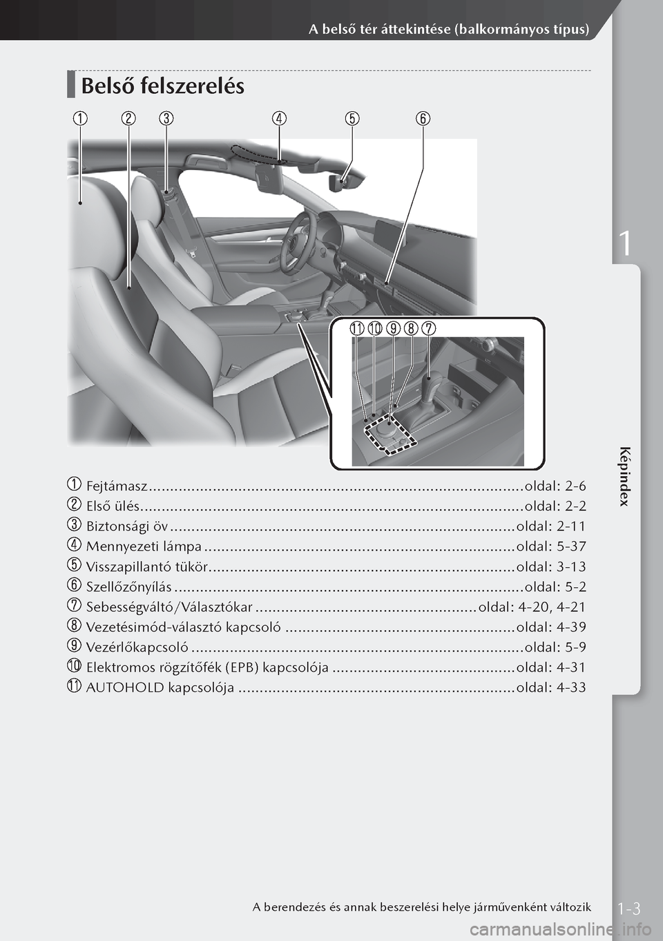 MAZDA MODEL 3 HATCHBACK 2019  Kezelési útmutató (in Hungarian) Belső felszerelés
 Fejtámasz  ........................................................................\
................ oldal: 2-6
 Első ülés ...................................................