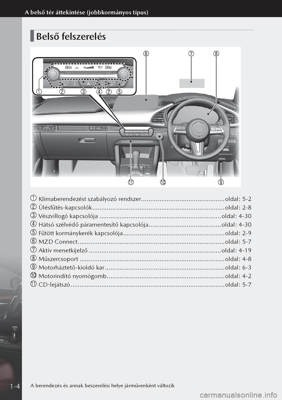 MAZDA MODEL 3 HATCHBACK 2019  Kezelési útmutató (in Hungarian) Belső felszerelés
 Klímaberendezést szabályozó rendszer .............................................. oldal: 5-2
 Ülésfűtés-kapcsolók ......................................................