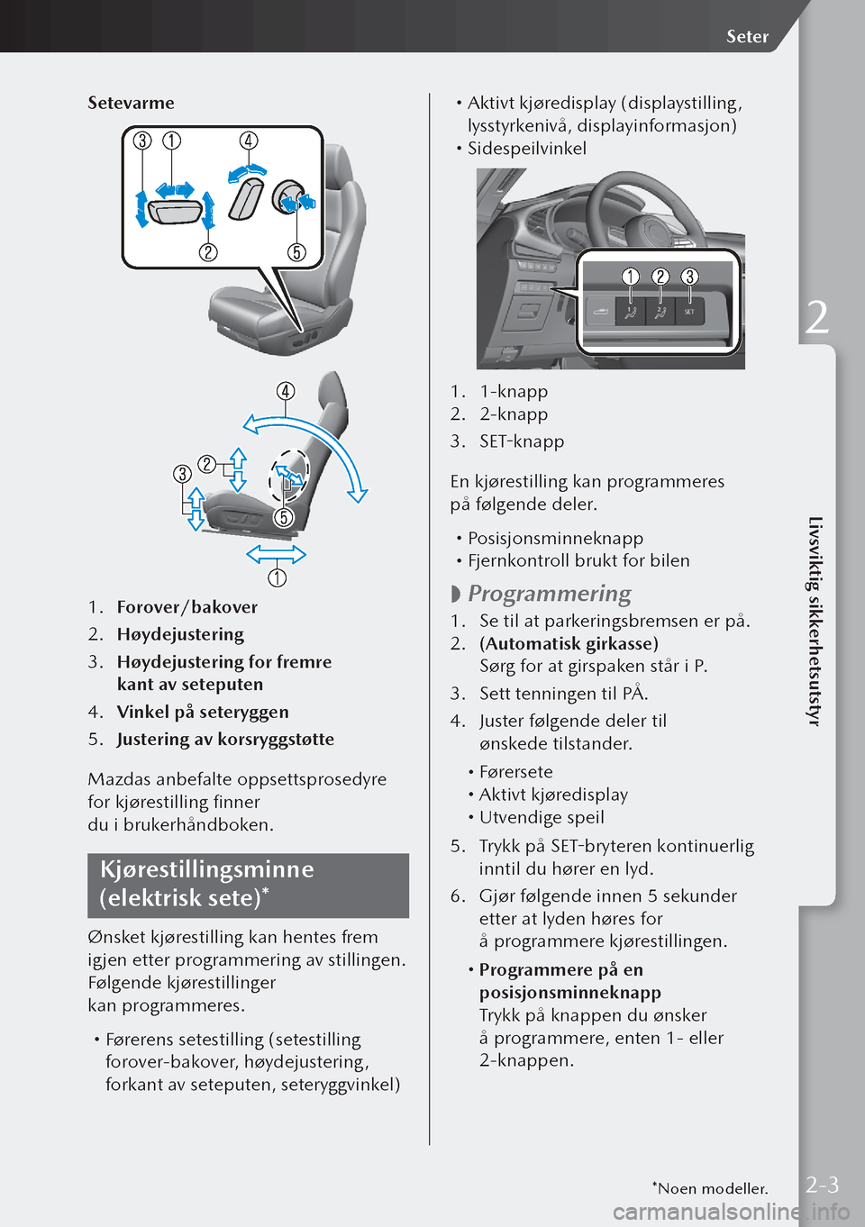 MAZDA MODEL 3 HATCHBACK 2019  Brukerhåndbok (in Norwegian) Setevarme
1. Forover/bakover
2.  Høydejustering
3.  Høydejustering for fremre 
kant av seteputen
4.  Vinkel på seteryggen
5.  Justering av korsryggstøtte
Mazdas anbefalte oppsettsprosedyre 
for k