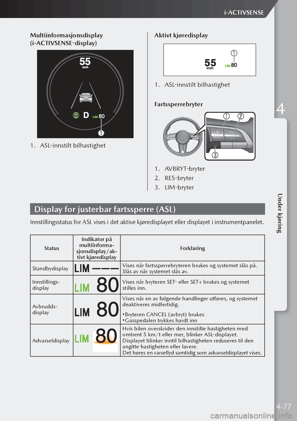 MAZDA MODEL 3 HATCHBACK 2019 Brukerhåndbok (in Norwegian) Multiinformasjonsdisplay
(i-ACTIVSENSE-display)
1. ASL-innstilt bilhastighet Aktivt kjøredisplay
1.
ASL-innstilt bilhastighet
Fartssperrebryter
1. AVBRYT-bryter
2. RES-bryter
3. LIM-bryter
Displ MAZDA MODEL 3 HATCHBACK 2019 Brukerhåndbok (in Norwegian) Multiinformasjonsdisplay
(i-ACTIVSENSE-display)
1. ASL-innstilt bilhastighet Aktivt kjøredisplay
1.
ASL-innstilt bilhastighet
Fartssperrebryter
1. AVBRYT-bryter
2. RES-bryter
3. LIM-bryter
Displ