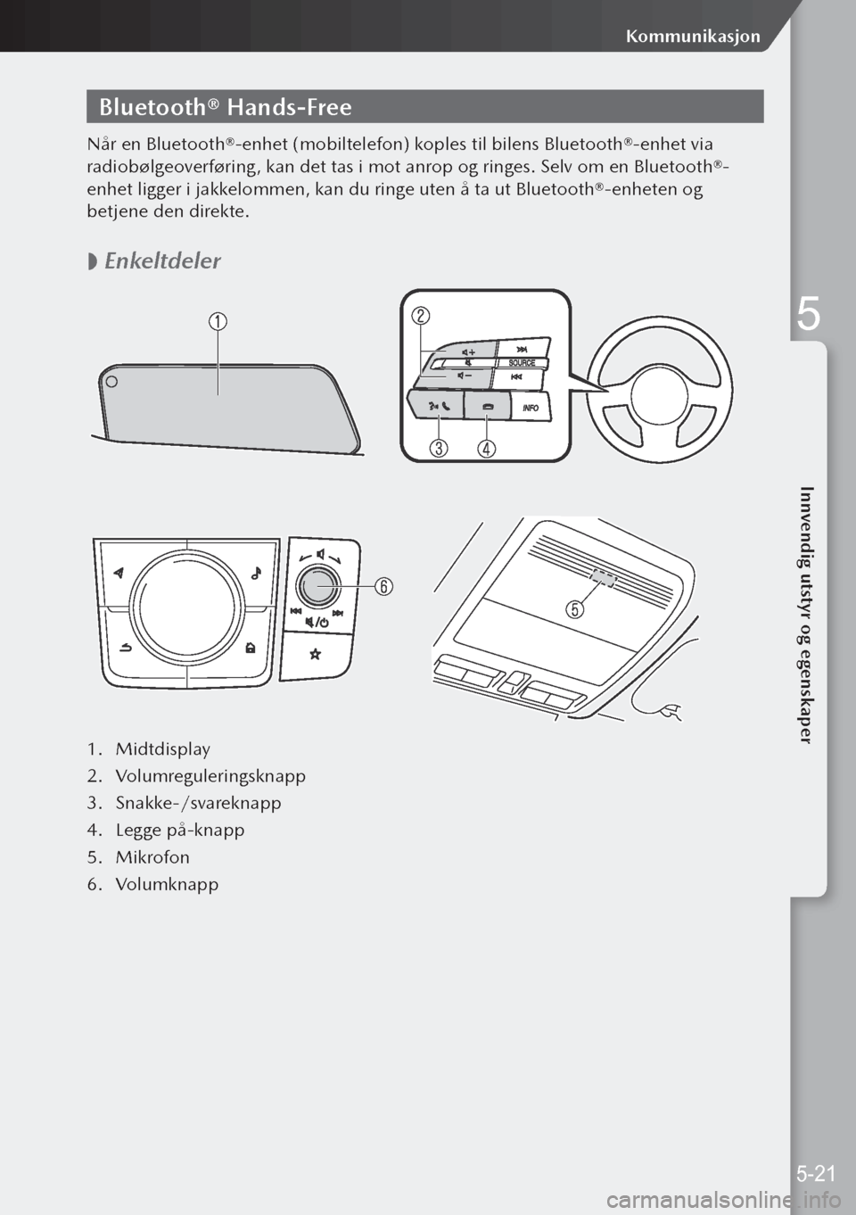 MAZDA MODEL 3 HATCHBACK 2019 Brukerhåndbok (in Norwegian) Bluetooth® Hands-Free
Når en Bluetooth®-enhet (mobiltelefon) koples til bilens Bluetooth®-enhet via
radiobølgeoverføring, kan det tas i mot anrop og ringes. Selv om en Bluetooth®-
enhet ligger MAZDA MODEL 3 HATCHBACK 2019 Brukerhåndbok (in Norwegian) Bluetooth® Hands-Free
Når en Bluetooth®-enhet (mobiltelefon) koples til bilens Bluetooth®-enhet via
radiobølgeoverføring, kan det tas i mot anrop og ringes. Selv om en Bluetooth®-
enhet ligger