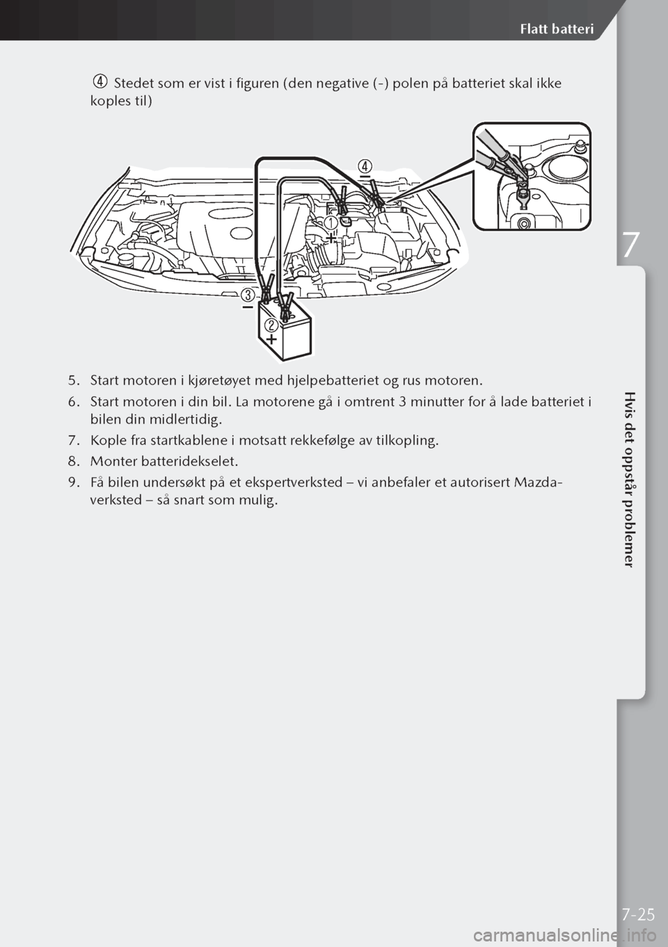 MAZDA MODEL 3 HATCHBACK 2019 Brukerhåndbok (in Norwegian) Stedet som er vist i figuren (den negative (-) polen på batteriet skal ikke
koples til)
5. Start motoren i kjøretøyet med hjelpebatteriet og rus motoren.
6. Start motoren i din bil. La motoren MAZDA MODEL 3 HATCHBACK 2019 Brukerhåndbok (in Norwegian) Stedet som er vist i figuren (den negative (-) polen på batteriet skal ikke
koples til)
5. Start motoren i kjøretøyet med hjelpebatteriet og rus motoren.
6. Start motoren i din bil. La motoren