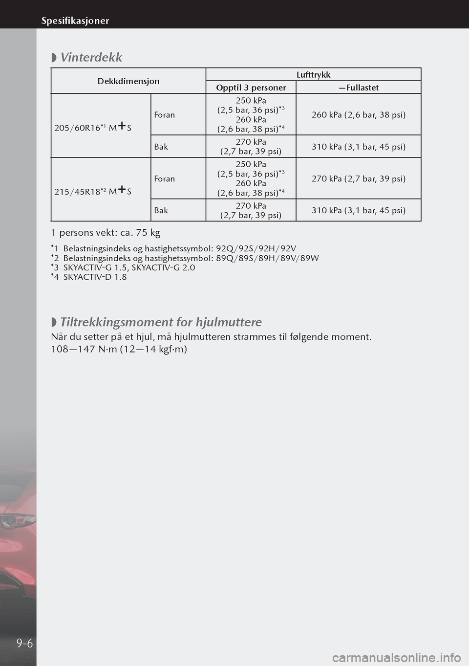 MAZDA MODEL 3 HATCHBACK 2019  Brukerhåndbok (in Norwegian)  
 Vinterdekk
Dekkdimensjon Lufttrykk
Opptil 3 personer —Fullastet
205/60R16*
1 MS Foran 250 kPa 
 (2,5 bar, 36 psi)*3
260 kPa  (2,6 bar, 38 psi)*4
260 kPa (2,6 bar, 38 psi)
Bak 270 kPa 
 (2,7 bar