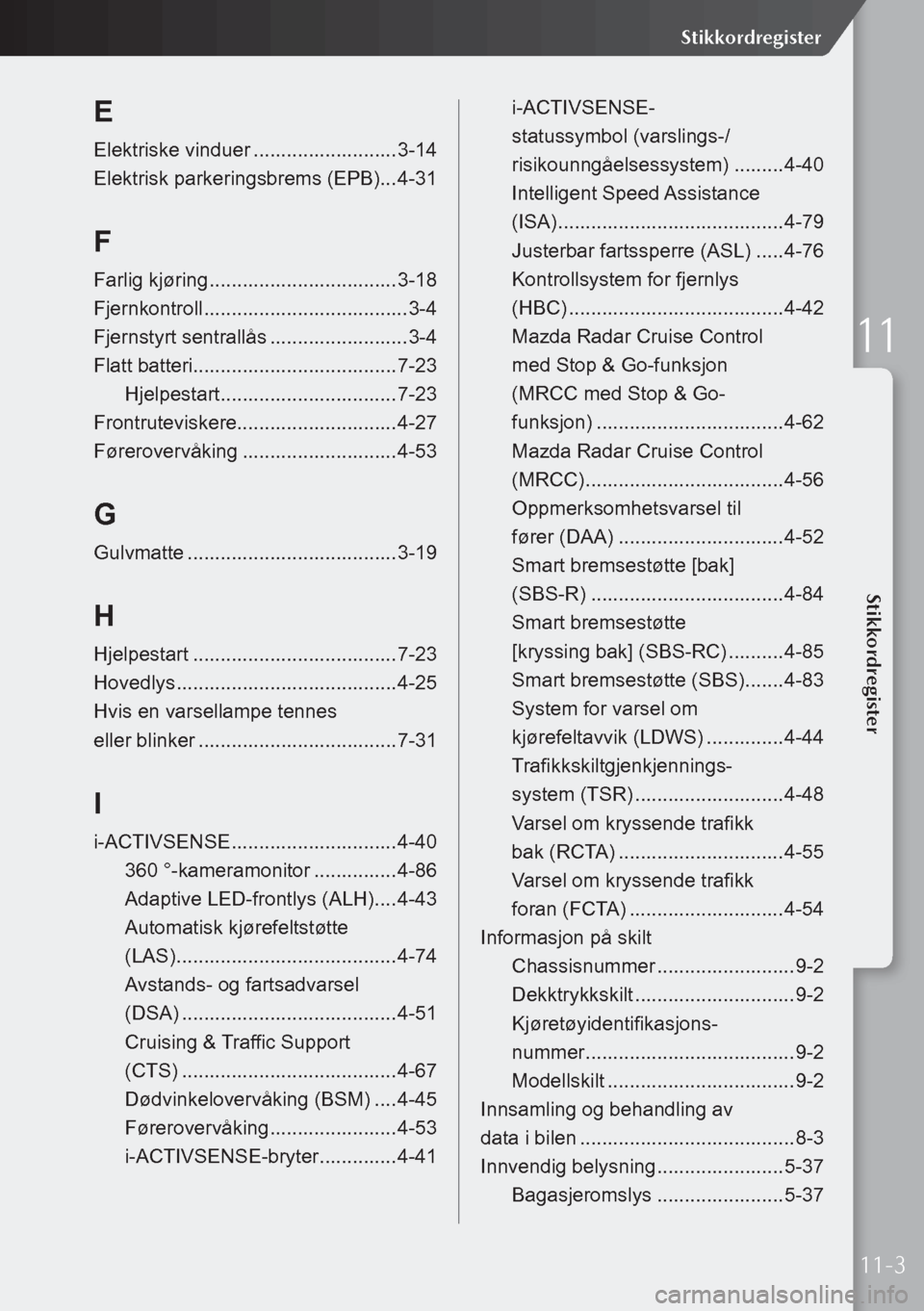 MAZDA MODEL 3 HATCHBACK 2019 Brukerhåndbok (in Norwegian) E
Elektriske vinduer ..........................3-14
Elektrisk parkeringsbrems (EPB)... 4-31
F
Farlig kjøring .................................. 3-18
Fjernkontroll ................................... MAZDA MODEL 3 HATCHBACK 2019 Brukerhåndbok (in Norwegian) E
Elektriske vinduer ..........................3-14
Elektrisk parkeringsbrems (EPB)... 4-31
F
Farlig kjøring .................................. 3-18
Fjernkontroll ...................................
