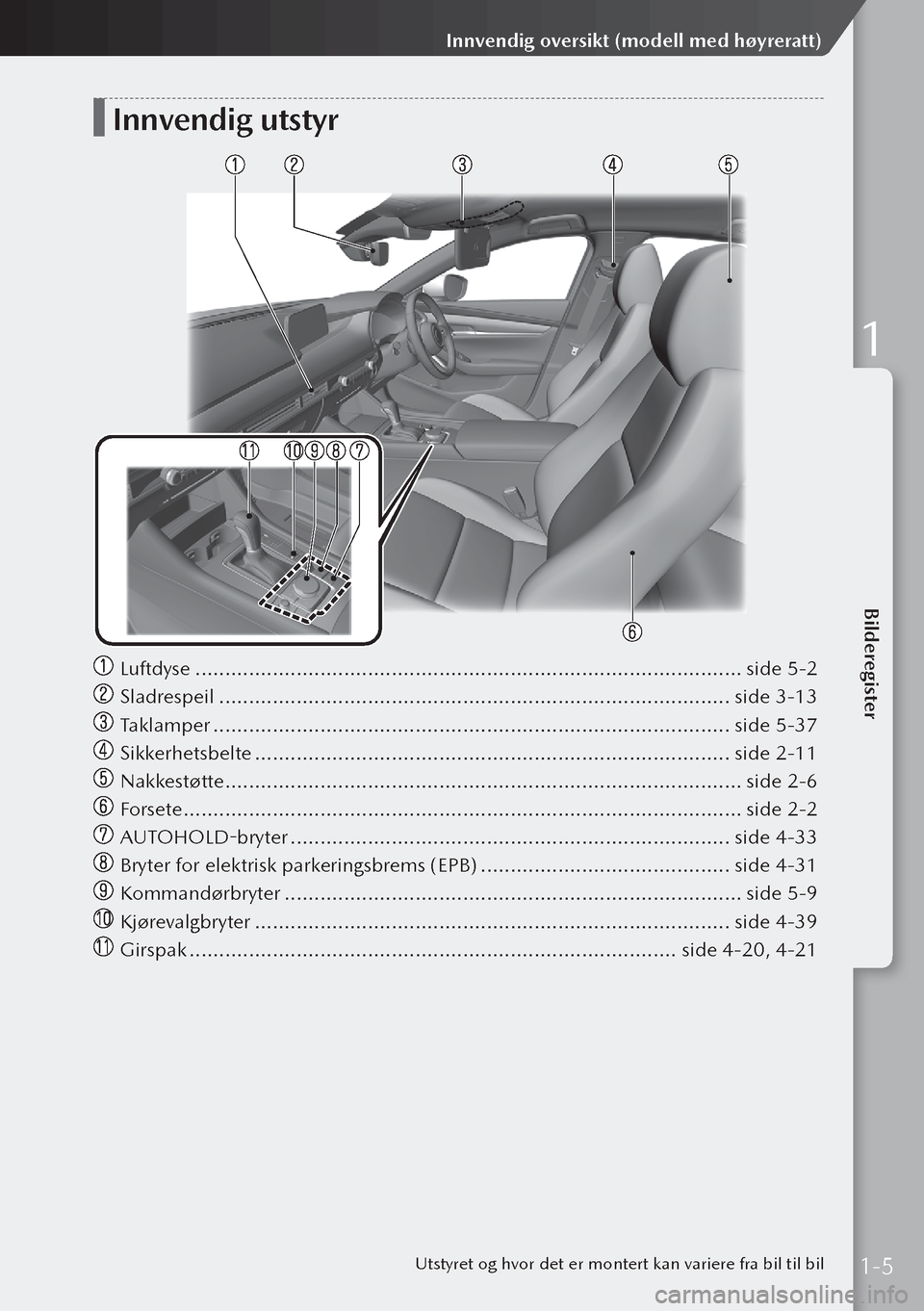 MAZDA MODEL 3 HATCHBACK 2019  Brukerhåndbok (in Norwegian) Innvendig utstyr
 Luftdyse ........................................................................\
.................... side 5-2
 Sladrespeil  .......................................................