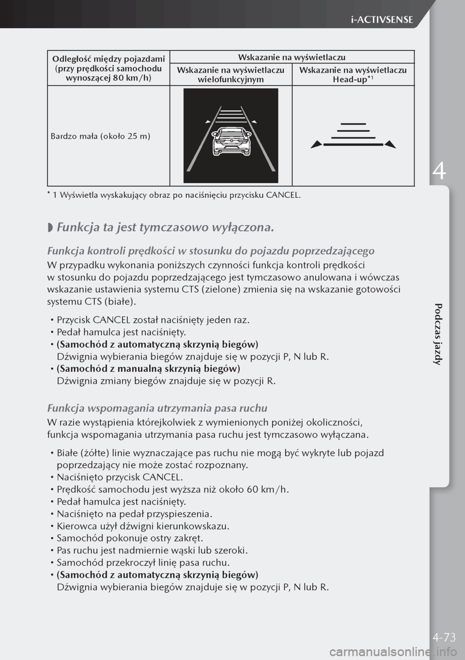MAZDA MODEL 3 HATCHBACK 2019  Instrukcja Obsługi (in Polish) Odległość między pojazdami(przy prędkości samochodu  wynoszącej 80 km/h) Wskazanie na wyświetlaczu
Wskazanie na wyświetlaczu  wielofunkcyjnym Wskazanie na wyświetlaczu 
Head-up*
1
Bardzo ma