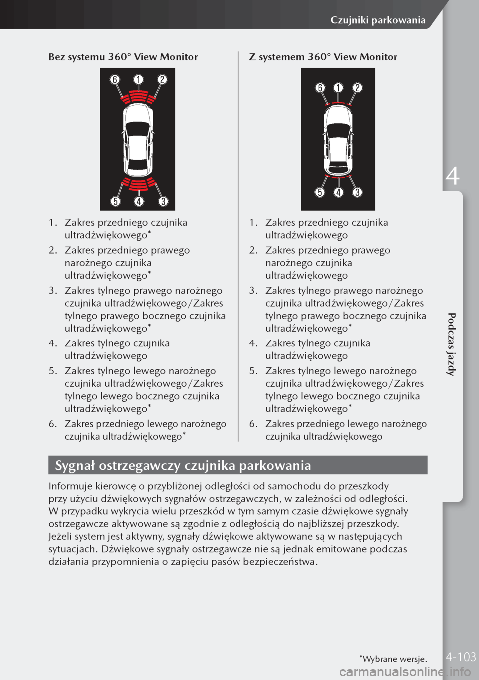 MAZDA MODEL 3 HATCHBACK 2019  Instrukcja Obsługi (in Polish) *Wybrane wersje.
Bez systemu 360° View Monitor
1. Zakres przedniego czujnika 
ultradźwiękowego*
2.  Zakres przedniego prawego 
narożnego czujnika 
ultradźwiękowego*
3.  Zakres tylnego prawego na