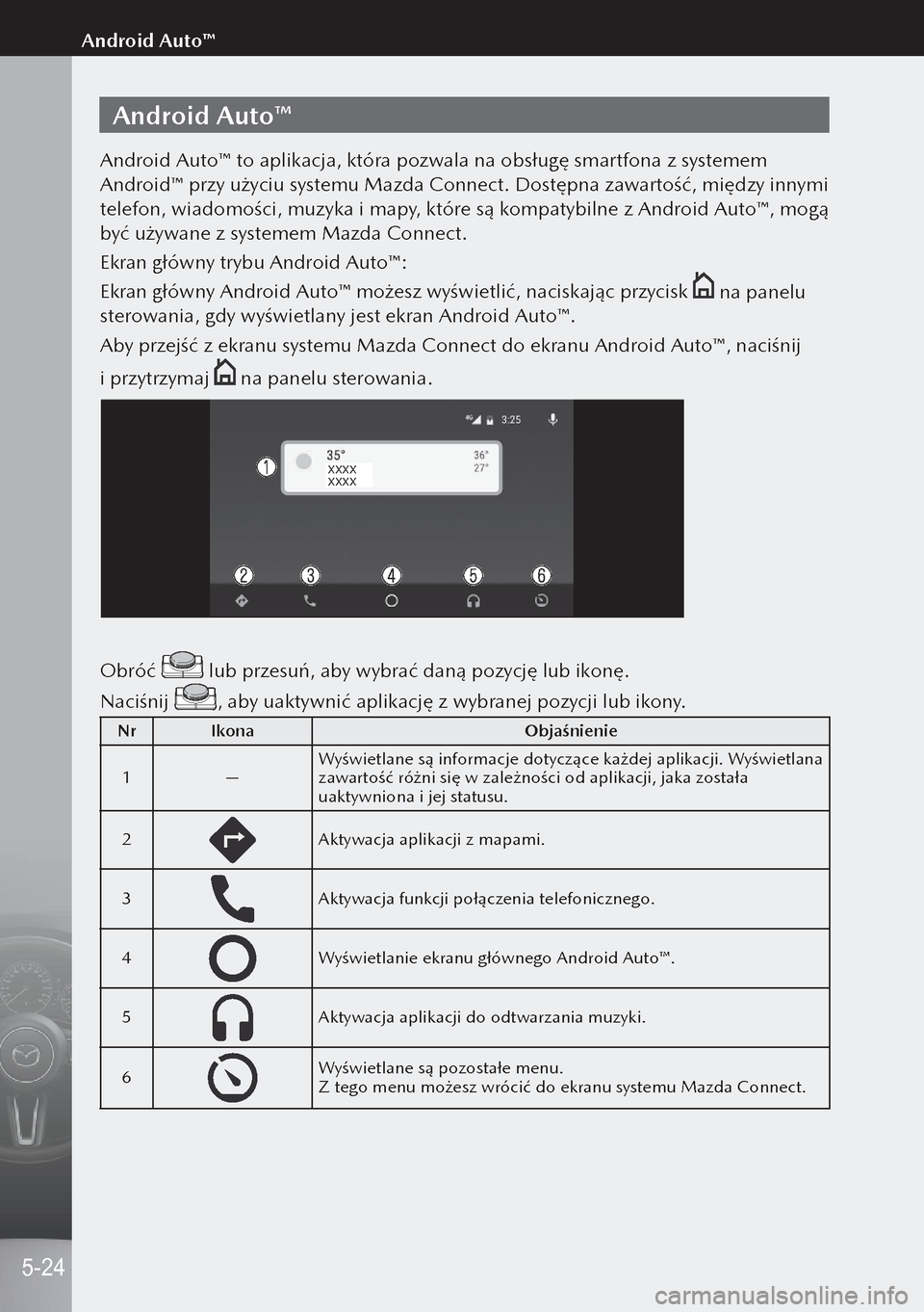 MAZDA MODEL 3 HATCHBACK 2019 Instrukcja Obsługi (in Polish) Android Auto™
Android Auto™ to aplikacja, która pozwala na obsługę smartfona z systemem
Android™ przy użyciu systemu Mazda Connect. Dostępna zawartość, między innymi
telefon, wiadomoś MAZDA MODEL 3 HATCHBACK 2019 Instrukcja Obsługi (in Polish) Android Auto™
Android Auto™ to aplikacja, która pozwala na obsługę smartfona z systemem
Android™ przy użyciu systemu Mazda Connect. Dostępna zawartość, między innymi
telefon, wiadomoś
