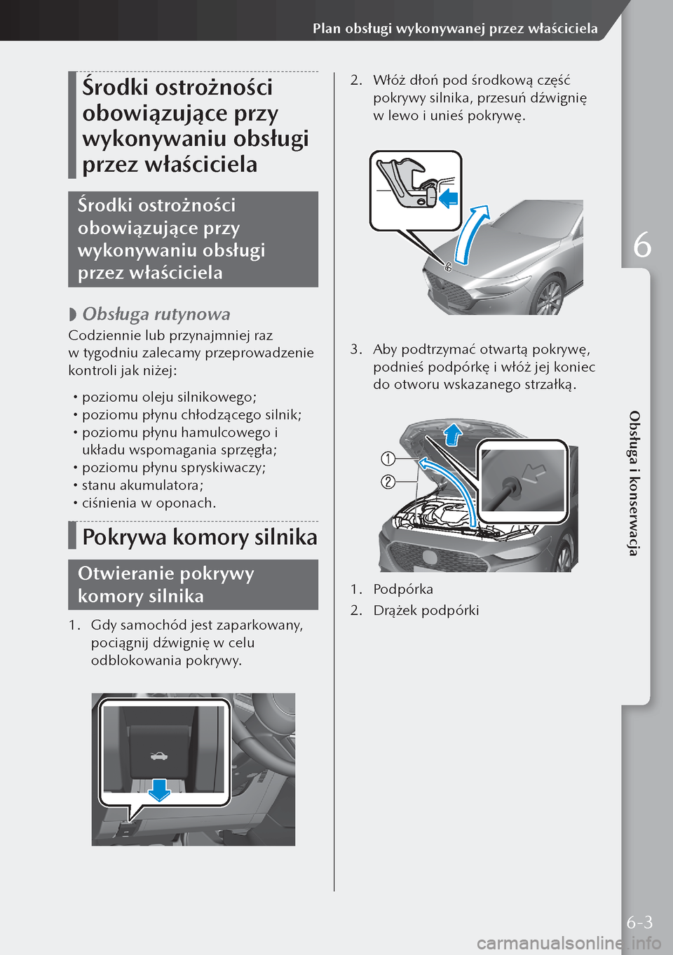 MAZDA MODEL 3 HATCHBACK 2019  Instrukcja Obsługi (in Polish) Środki ostrożności 
obowiązujące przy 
wykonywaniu obsługi 
przez właściciela
Środki ostrożności 
obowiązujące przy 
wykonywaniu obsługi 
przez właściciela
 
 Obsługa rutynowa
Codz