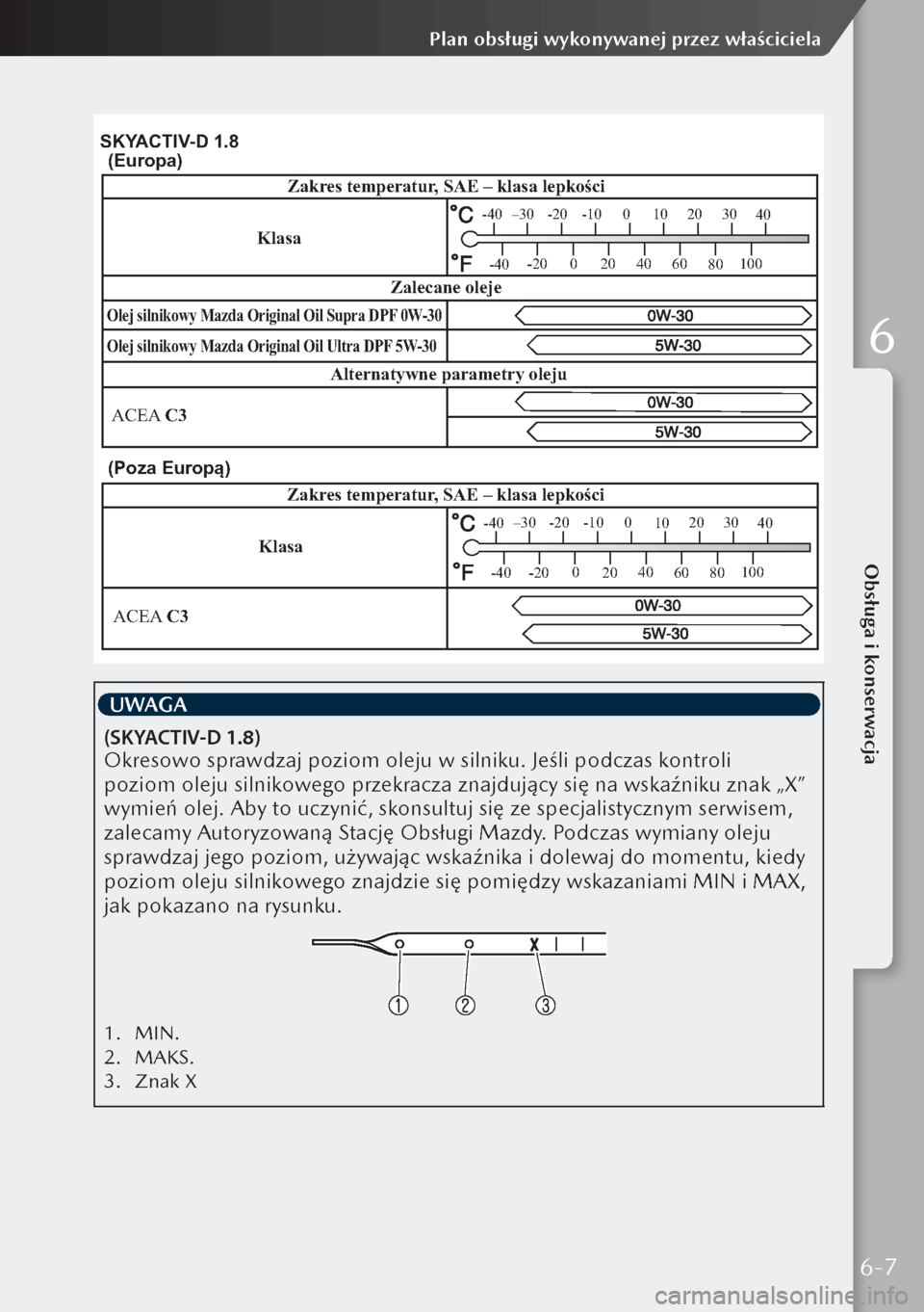 MAZDA MODEL 3 HATCHBACK 2019  Instrukcja Obsługi (in Polish) (Poza Europ�)
KlasaZakr
es temperatur , SAE – klasa lepk\oo\fci
ACEA  C\b
–30-20-10 0
10 20
30
40
-20 0
20 40
60 80100
-40
-40
SKY ACTI\f -D 1\b8
Olej silnikowy Mazda \oOriginal Oil Ultra D\oP F 5