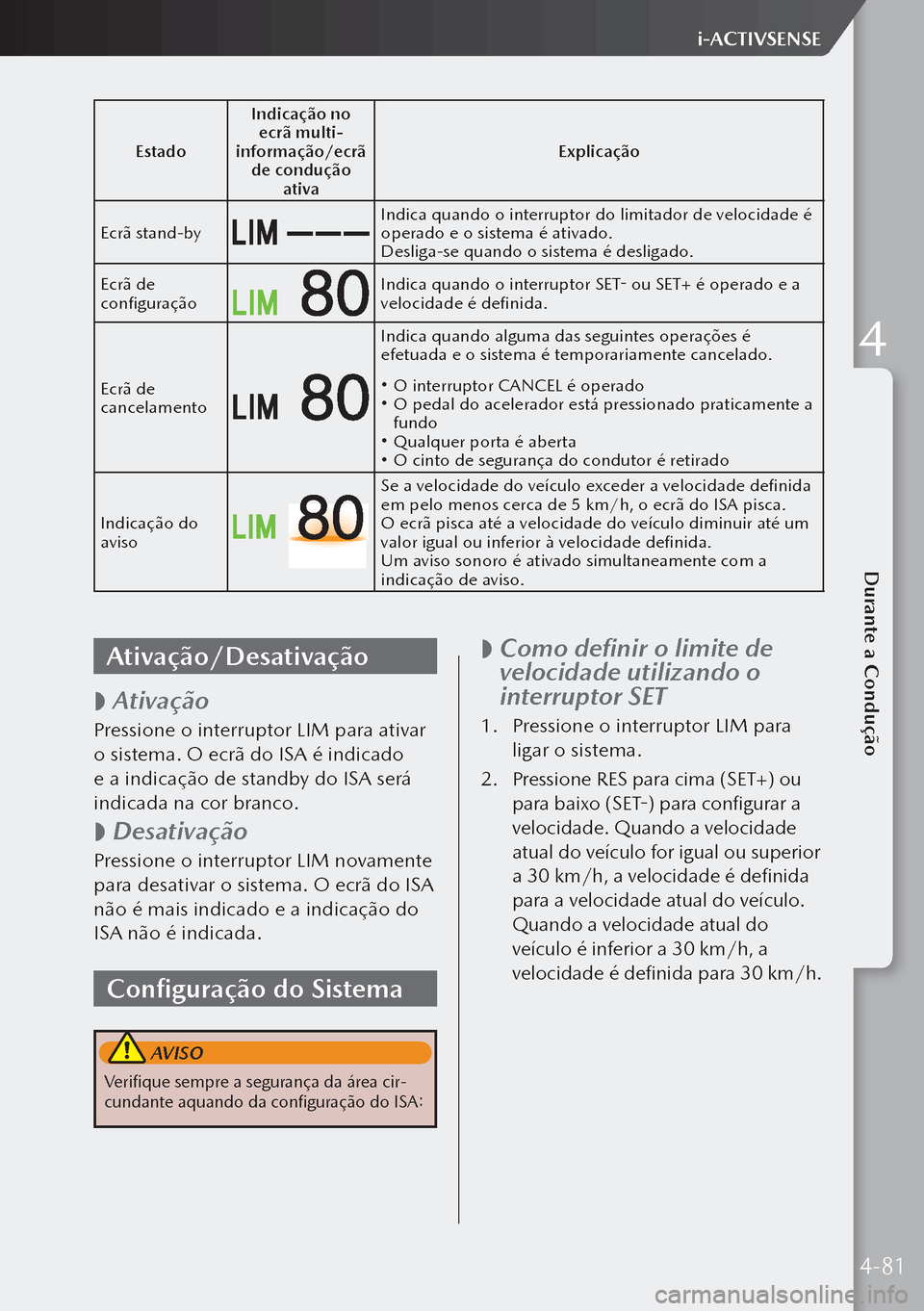MAZDA MODEL 3 HATCHBACK 2019 Manual do proprietário (in Portuguese) EstadoIndicação no
ecrã multi-
informação/ecrã de condução ativa Explicação
Ecrã stand-by
Indica quando o interruptor do limitador de velocidade é
operado e o sistema é ativado.
Desli MAZDA MODEL 3 HATCHBACK 2019 Manual do proprietário (in Portuguese) EstadoIndicação no
ecrã multi-
informação/ecrã de condução ativa Explicação
Ecrã stand-by
Indica quando o interruptor do limitador de velocidade é
operado e o sistema é ativado.
Desli