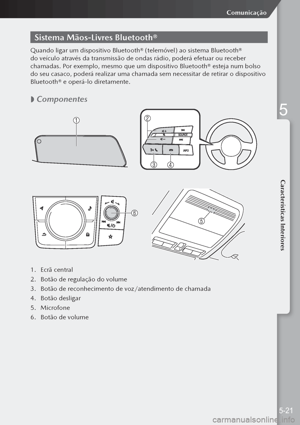 MAZDA MODEL 3 HATCHBACK 2019 Manual do proprietário (in Portuguese) Sistema Mãos-Livres Bluetooth®
Quando ligar um dispositivo Bluetooth® (telemóvel) ao sistema Bluetooth®
do veículo através da transmissão de ondas rádio, poderá efetuar ou receber
chamadas MAZDA MODEL 3 HATCHBACK 2019 Manual do proprietário (in Portuguese) Sistema Mãos-Livres Bluetooth®
Quando ligar um dispositivo Bluetooth® (telemóvel) ao sistema Bluetooth®
do veículo através da transmissão de ondas rádio, poderá efetuar ou receber
chamadas