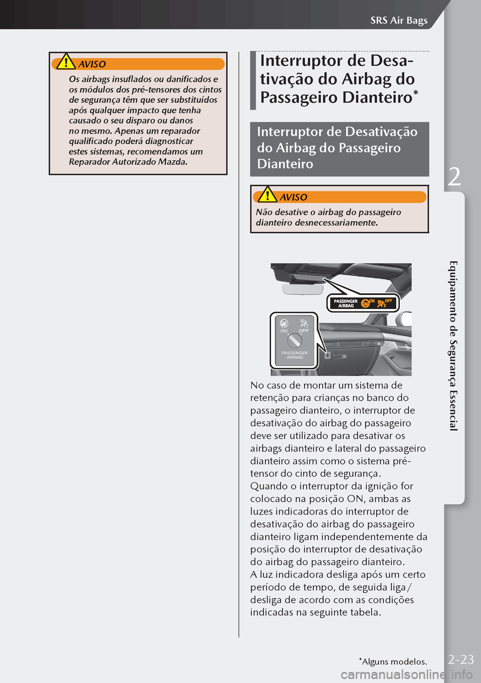 MAZDA MODEL 3 HATCHBACK 2019 Manual do proprietário (in Portuguese) AVISO
Os airbags insuflados ou danificados e
os módulos dos pré-tensores dos cintos
de segurança têm que ser substituídos
após qualquer impacto que tenha
causado o seu disparo ou danos
no MAZDA MODEL 3 HATCHBACK 2019 Manual do proprietário (in Portuguese) AVISO
Os airbags insuflados ou danificados e
os módulos dos pré-tensores dos cintos
de segurança têm que ser substituídos
após qualquer impacto que tenha
causado o seu disparo ou danos
no