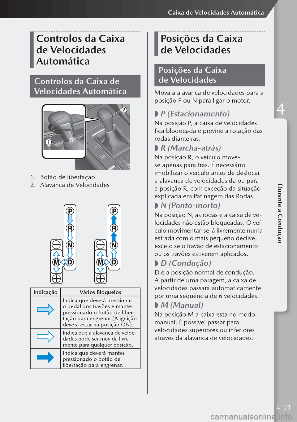 MAZDA MODEL 3 HATCHBACK 2019 Manual do proprietário (in Portuguese) Controlos da Caixa
de Velocidades
Automática
Controlos da Caixa de
Velocidades Automática
1. Botão de libertação
2. Alavanca de Velocidades
Indicação Vários Bloqueios
Indica que deverá MAZDA MODEL 3 HATCHBACK 2019 Manual do proprietário (in Portuguese) Controlos da Caixa
de Velocidades
Automática
Controlos da Caixa de
Velocidades Automática
1. Botão de libertação
2. Alavanca de Velocidades
Indicação Vários Bloqueios
Indica que deverá