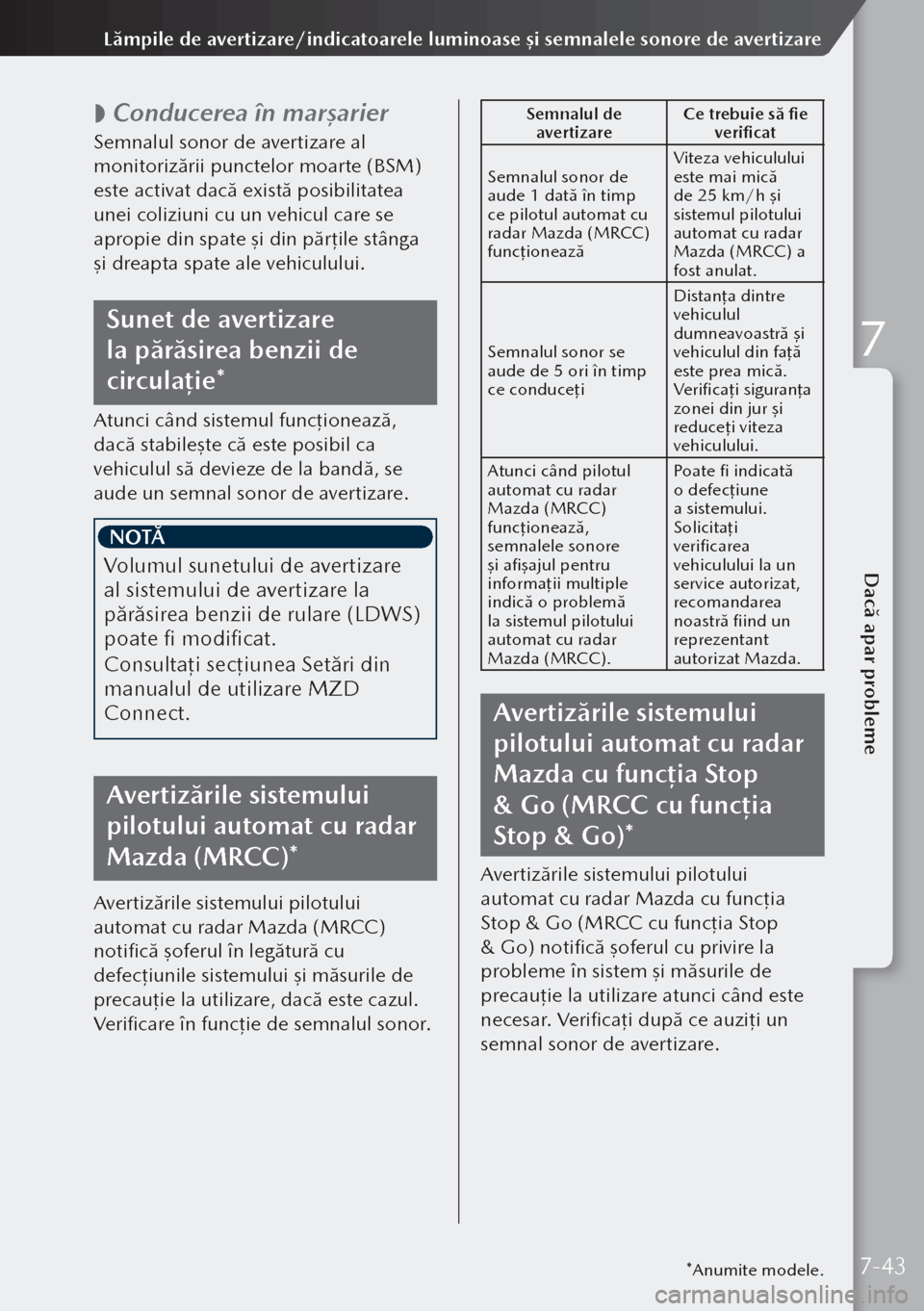 MAZDA MODEL 3 HATCHBACK 2019 Manualul de utilizare (in Romanian)
Conducerea în mar
şarier
Semnalul sonor de avertizare al
monitorizării punctelor moarte (BSM)
este activat dacă există posibilitatea
unei coliziuni cu un vehicul care se
apropie din spat MAZDA MODEL 3 HATCHBACK 2019 Manualul de utilizare (in Romanian)
Conducerea în mar
şarier
Semnalul sonor de avertizare al
monitorizării punctelor moarte (BSM)
este activat dacă există posibilitatea
unei coliziuni cu un vehicul care se
apropie din spat