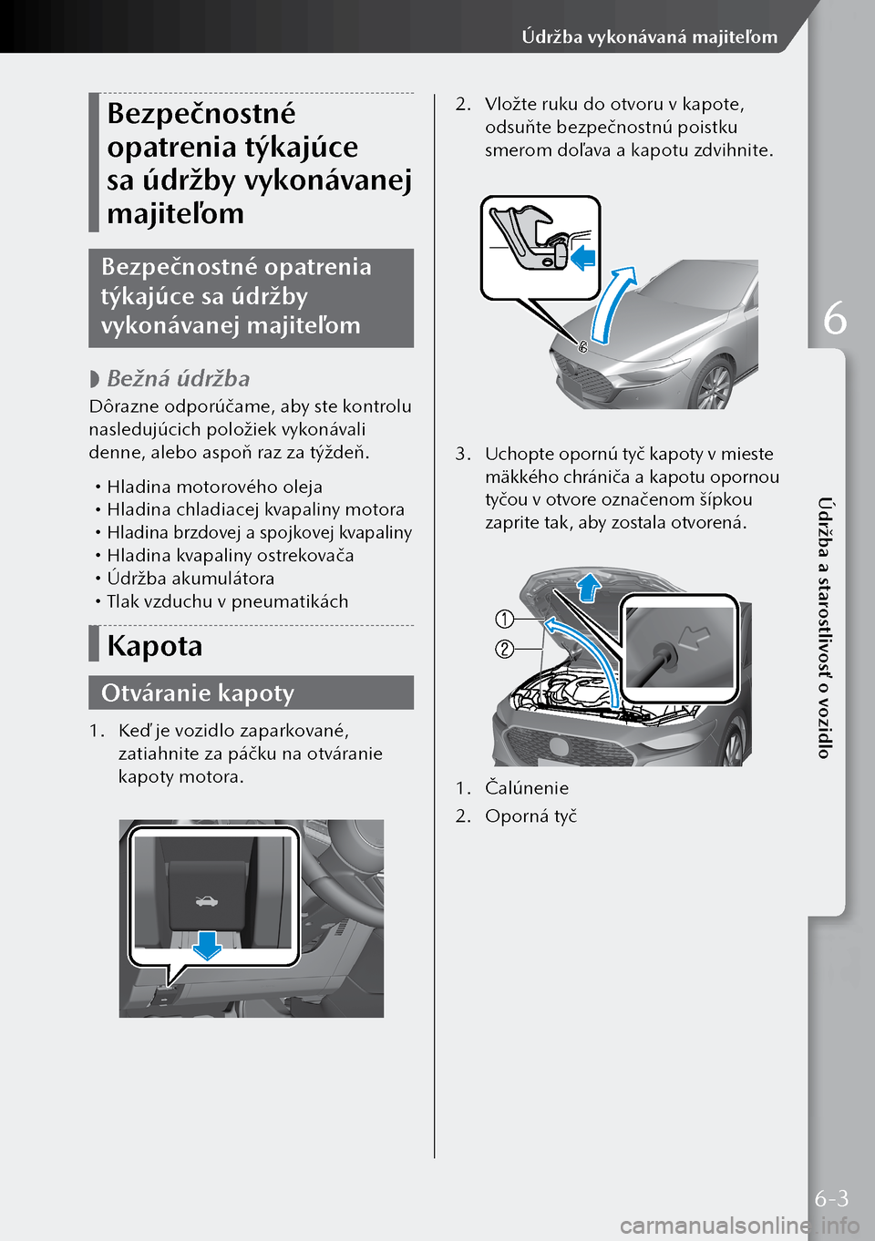 MAZDA MODEL 3 HATCHBACK 2019  Užívateľská príručka (in Slovak) Bezpečnostné 
opatrenia týkajúce 
sa údržby vykonávanej 
majiteľom
Bezpečnostné opatrenia 
týkajúce sa údržby 
vykonávanej majiteľom
 
 Bežná údržba
Dôrazne odporúčame, aby s