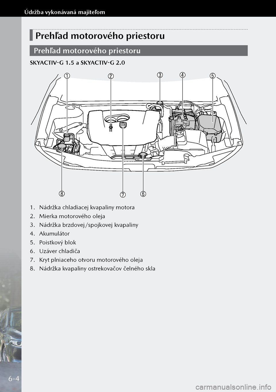 MAZDA MODEL 3 HATCHBACK 2019  Užívateľská príručka (in Slovak) Prehľad motorového priestoru
Prehľad motorového priestoru
SKYACTIV-G 1.5 a SKYACTIV-G 2.0
1. Nádržka chladiacej kvapaliny motora
2.  Mierka motorového oleja
3.  Nádržka brzdovej/spojkovej kva