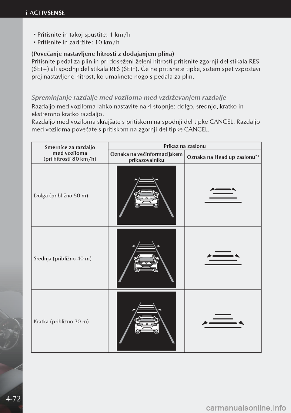 MAZDA MODEL 3 HATCHBACK 2019  Priročnik za lastnika (in Slovenian)  Pritisnite in takoj spustite: 1 km/h Pritisnite in zadržite: 10 km/h
(Povečanje nastavljene hitrosti z dodajanjem plina)
Pritisnite pedal za plin in pri doseženi želeni hitrosti pritisnite 