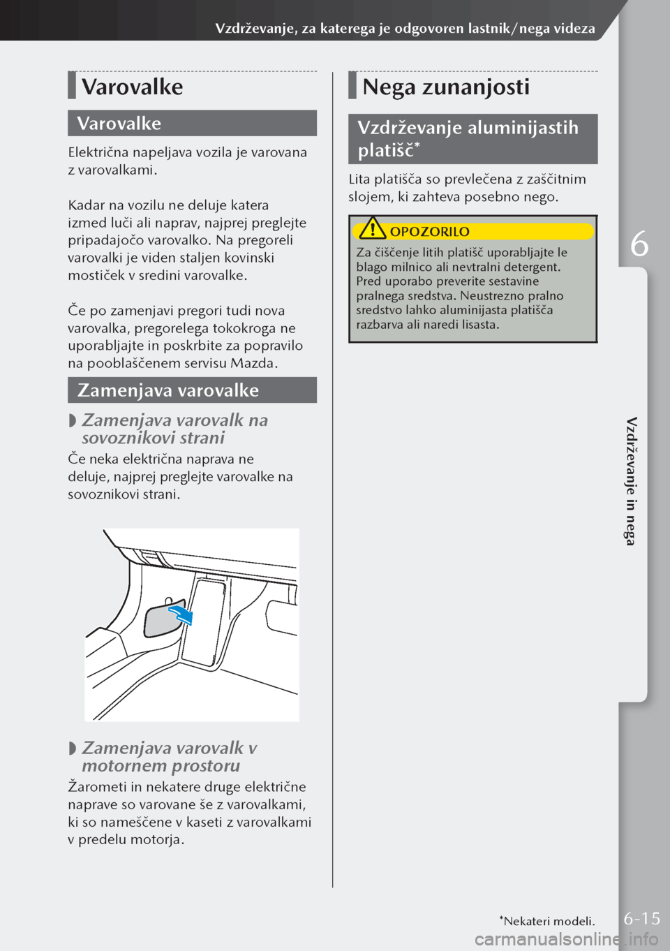 MAZDA MODEL 3 HATCHBACK 2019  Priročnik za lastnika (in Slovenian) Varovalke
Varovalke
Električna napeljava vozila je varovana 
z varovalkami.
Kadar na vozilu ne deluje katera 
izmed luči ali naprav, najprej preglejte 
pripadajočo varovalko. Na pregoreli 
varovalk