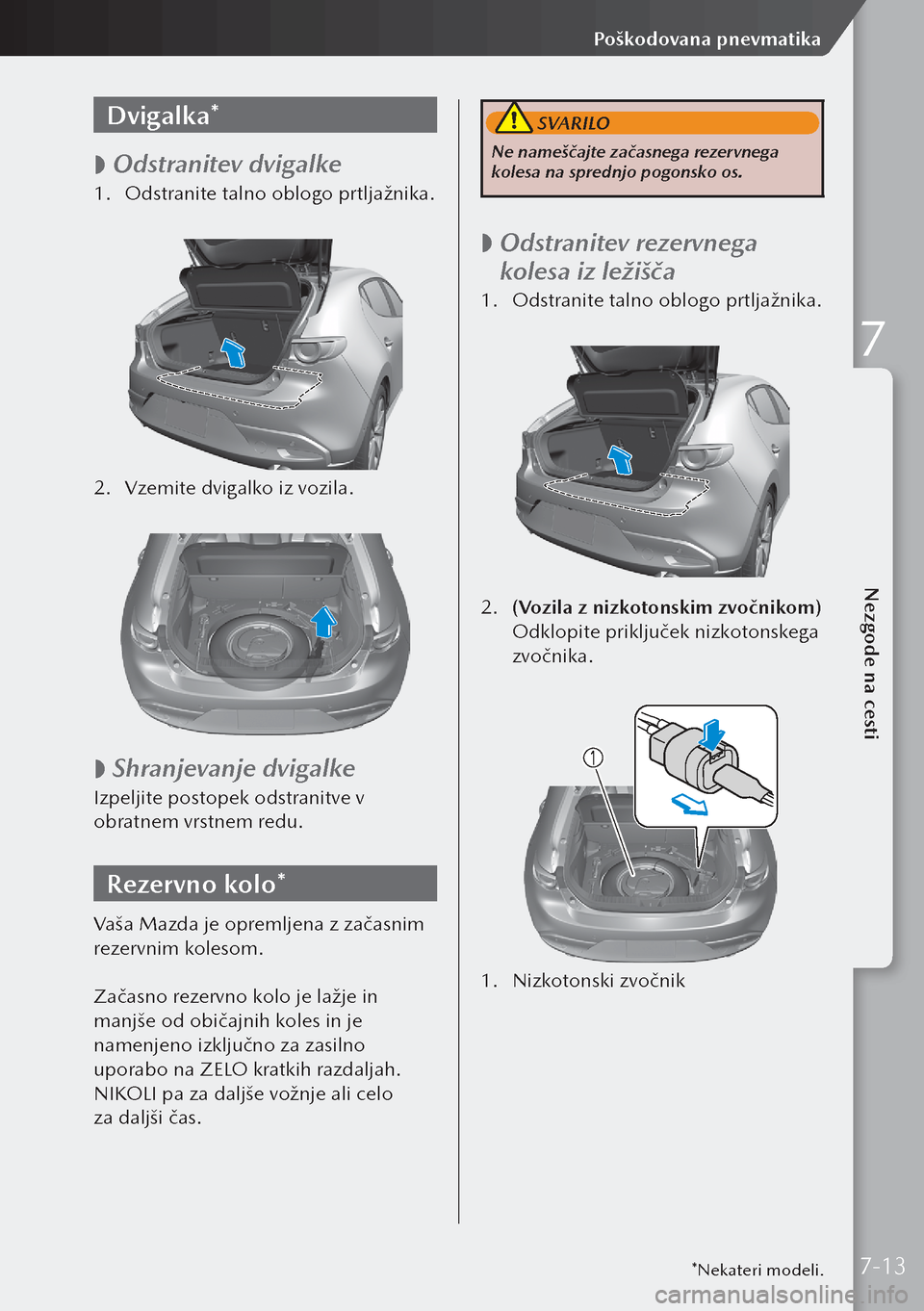 MAZDA MODEL 3 HATCHBACK 2019  Priročnik za lastnika (in Slovenian) Dvigalka*
 
 Odstranitev dvigalke
1.
 Odstranite talno oblogo prtljažnika.
 
2.  Vzemite dvigalko iz vozila.
 
 
 Shranjevanje dvigalke
Izpeljite postopek odstranitve v 
obratnem vrstnem redu.
Re