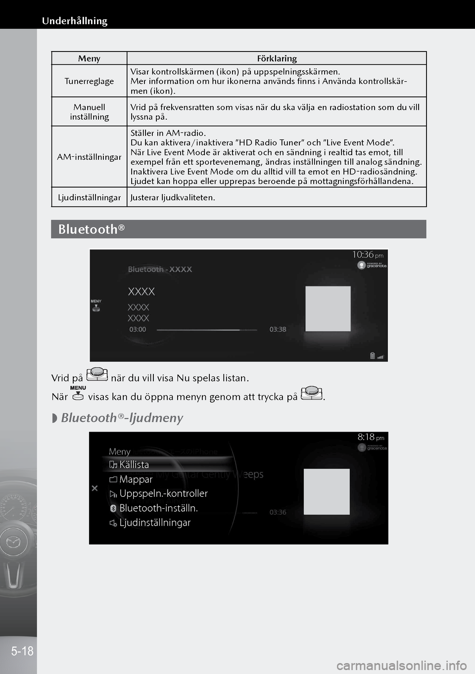MAZDA MODEL 3 HATCHBACK 2019 Ägarmanual (in Swedish) MenyFörklaring
Tunerreglage Visar kontrollskärmen (ikon) på uppspelningsskärmen.
Mer information om hur ikonerna används finns i Använda kontrollskär
-men (ikon).
Manuell
inställning Vrid p MAZDA MODEL 3 HATCHBACK 2019 Ägarmanual (in Swedish) MenyFörklaring
Tunerreglage Visar kontrollskärmen (ikon) på uppspelningsskärmen.
Mer information om hur ikonerna används finns i Använda kontrollskär
-men (ikon).
Manuell
inställning Vrid p